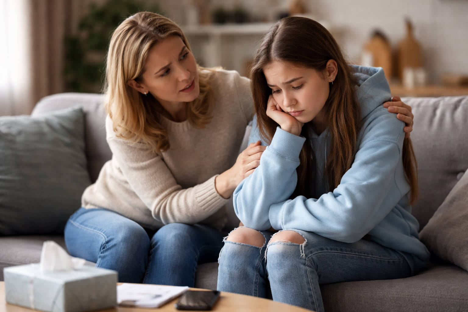 Matka wspierająca smutną nastolatkę podczas rozmowy o problemach emocjonalnych w domu